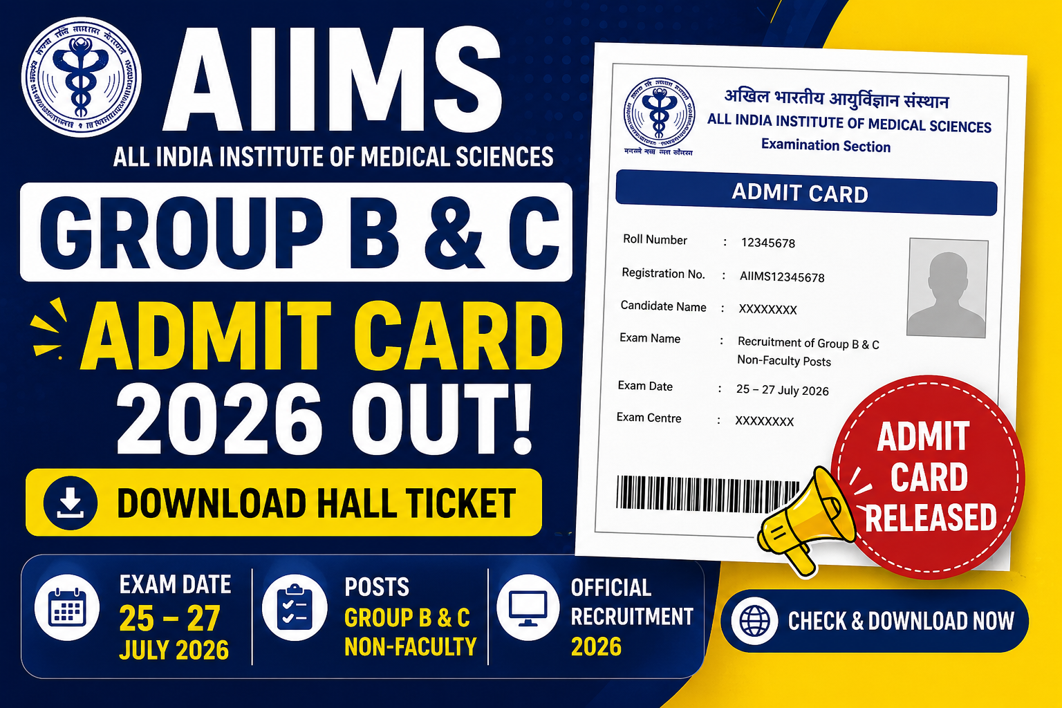 AIIMS Group B C Admit Card 2026 Out, Download Hall Ticket