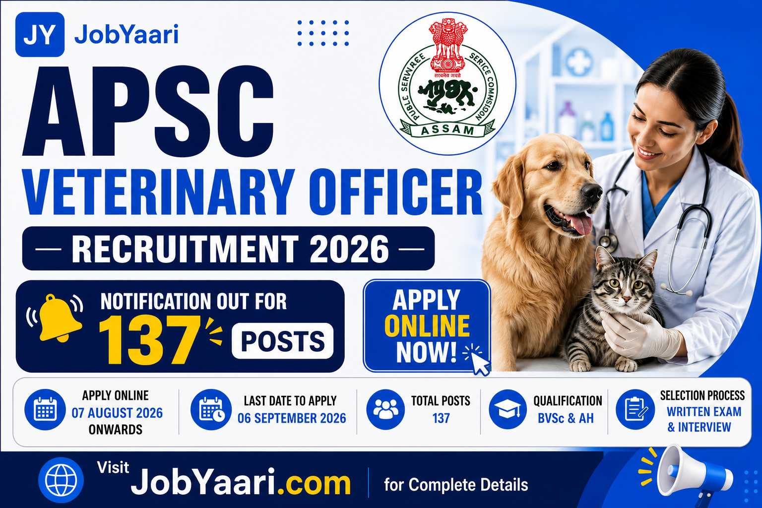 APSC Veterinary Officer Recruitment 2026 Notification Out for 137 Posts, Apply Online