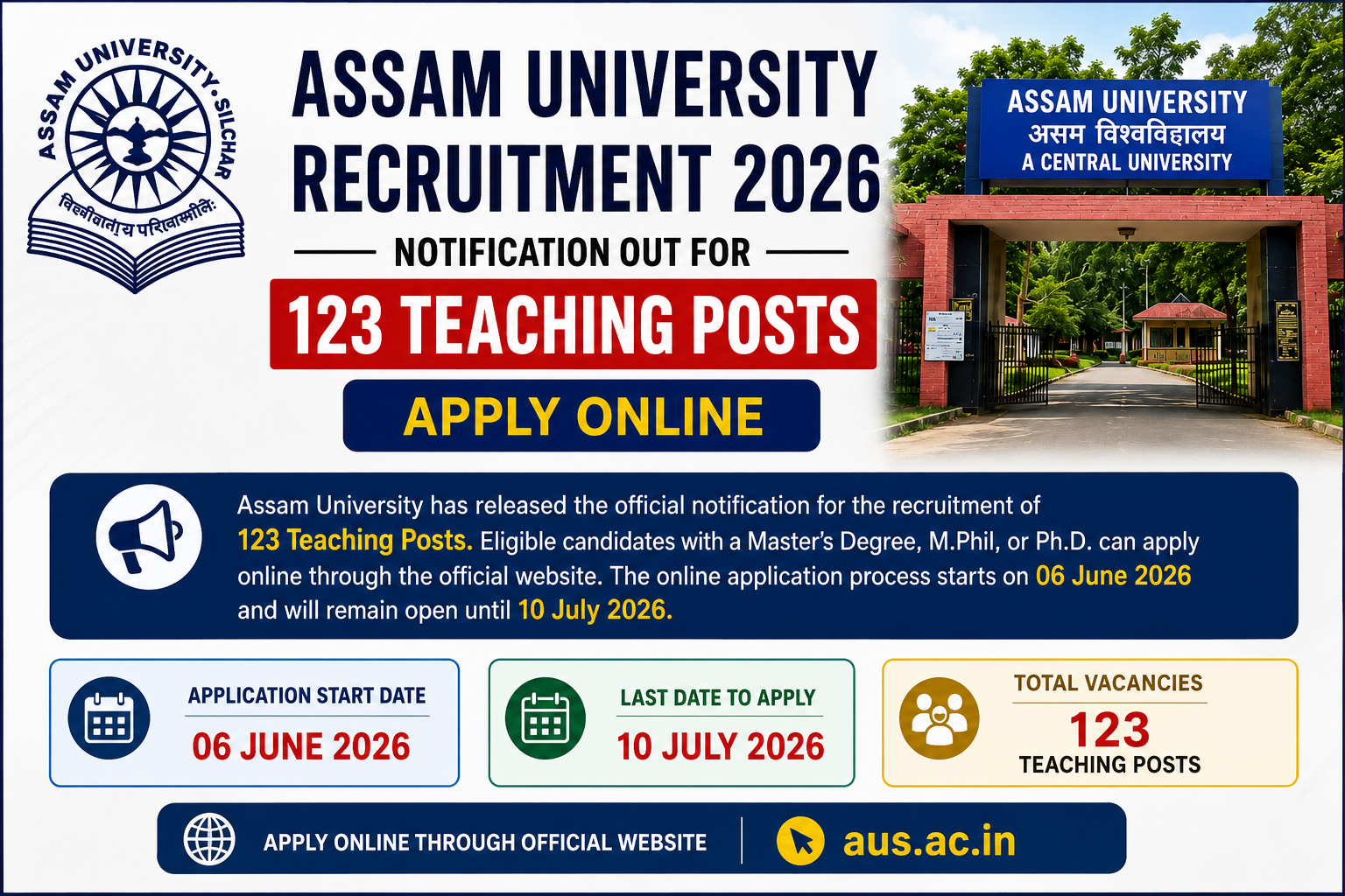 Assam University Recruitment 2026 Notification Out for 123 Teaching Posts, Apply Online