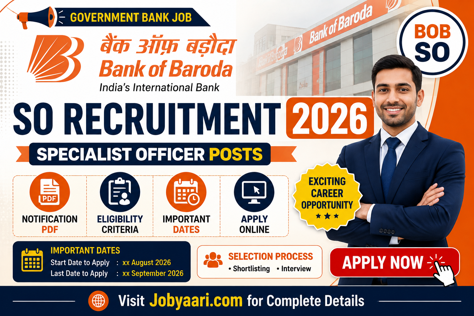 Bank of Baroda SO Recruitment 2026 banner highlighting Specialist Officer vacancies, notification PDF, eligibility criteria, application dates, and online application details.
