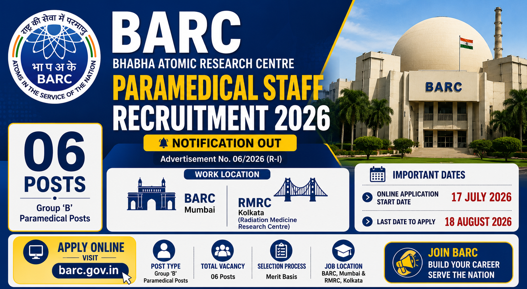 BARC Paramedical Staff Recruitment 2026 Apply Online for 06 Group B Posts