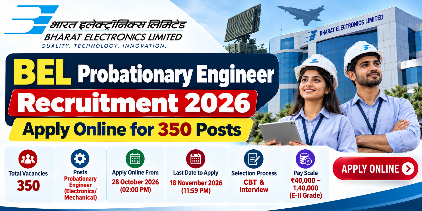 BEL Probationary Engineer Recruitment 2026: Apply Online for 350 Posts