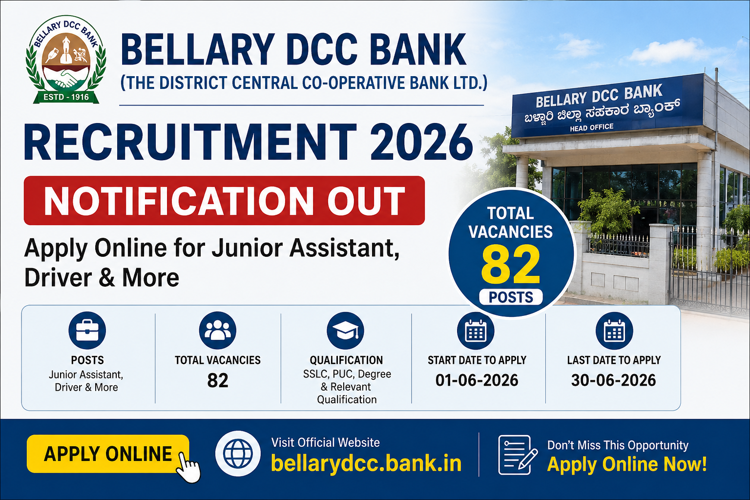 Bellary DCC Bank Recruitment 2026 Notification Out for 82 Posts – Apply Online for Junior Assistant,