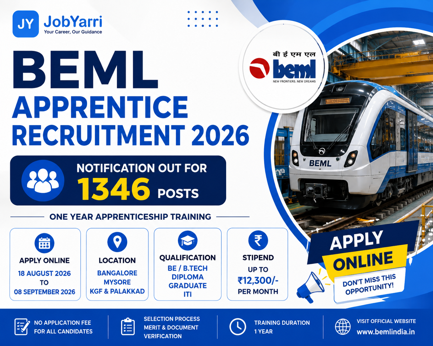 BEML Apprentice Recruitment 2026 Notification OUT for 1346 Posts, Apply Online, Eligibility, Stipend