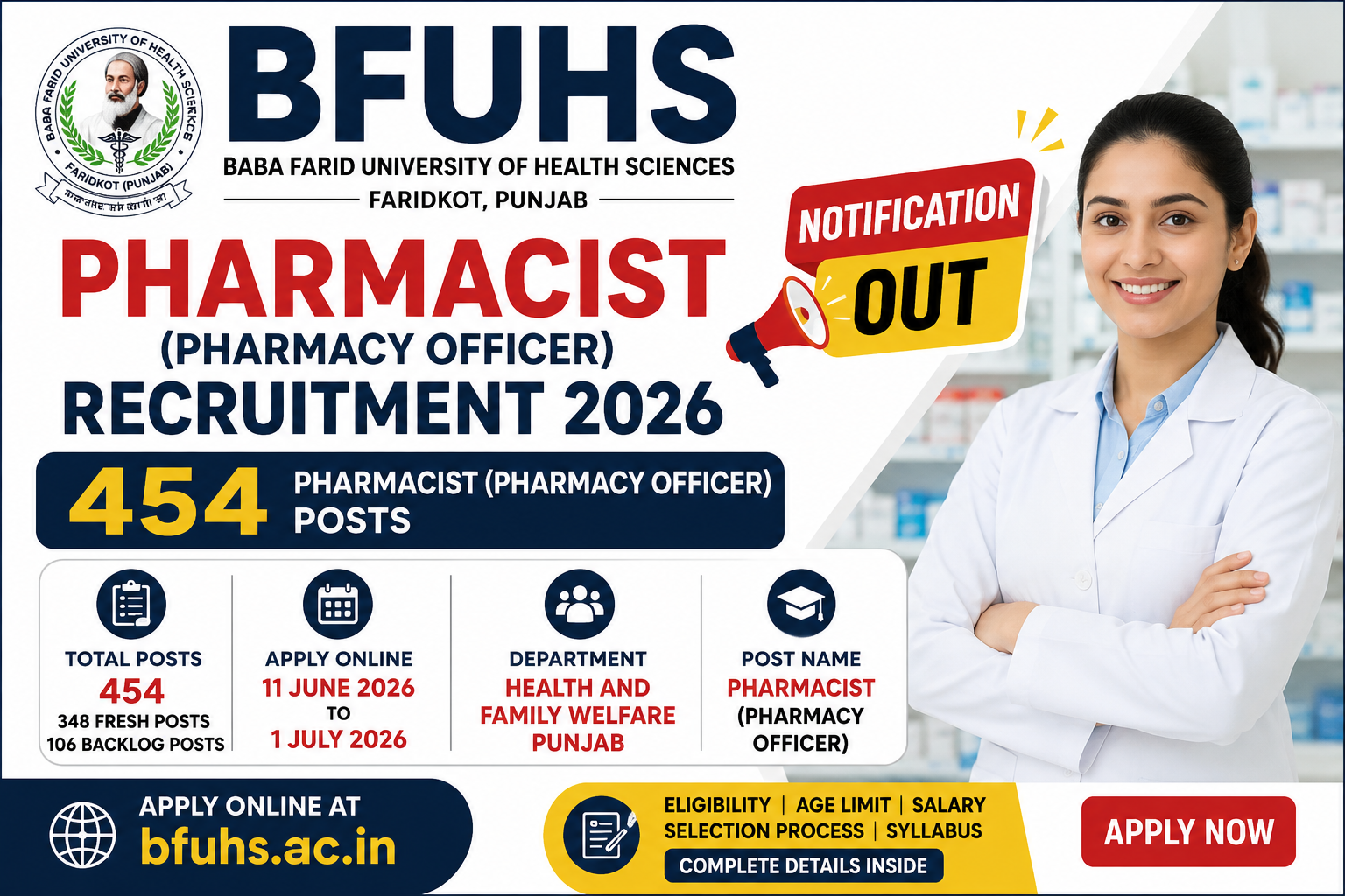 BFUHS Pharmacist Recruitment 2026 Notification Out for 454 Posts, Apply Online at bfuhs.ac.in