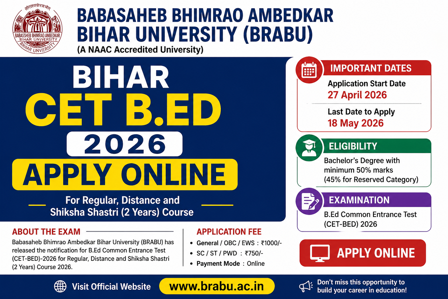 Bihar CET B.Ed 2026 Apply Online – BRABU B.Ed Entrance Form, Eligibility, Last Date 18 May