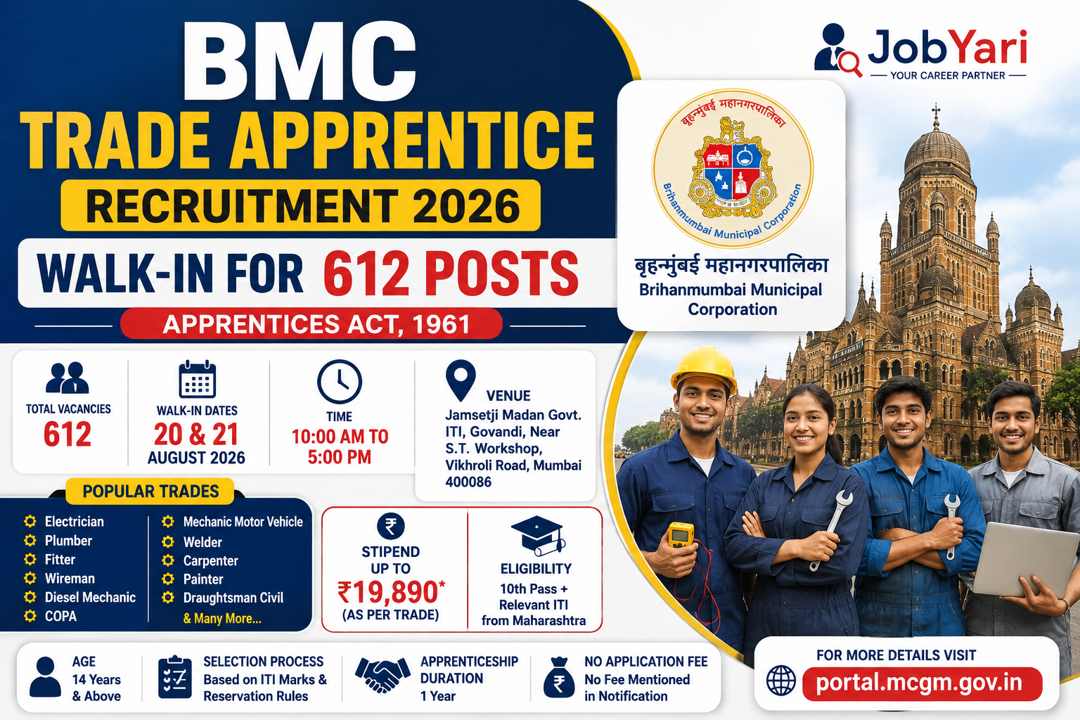 BMC Trade Apprentice Recruitment 2026 Notification Out – Walk-in for 612 Posts