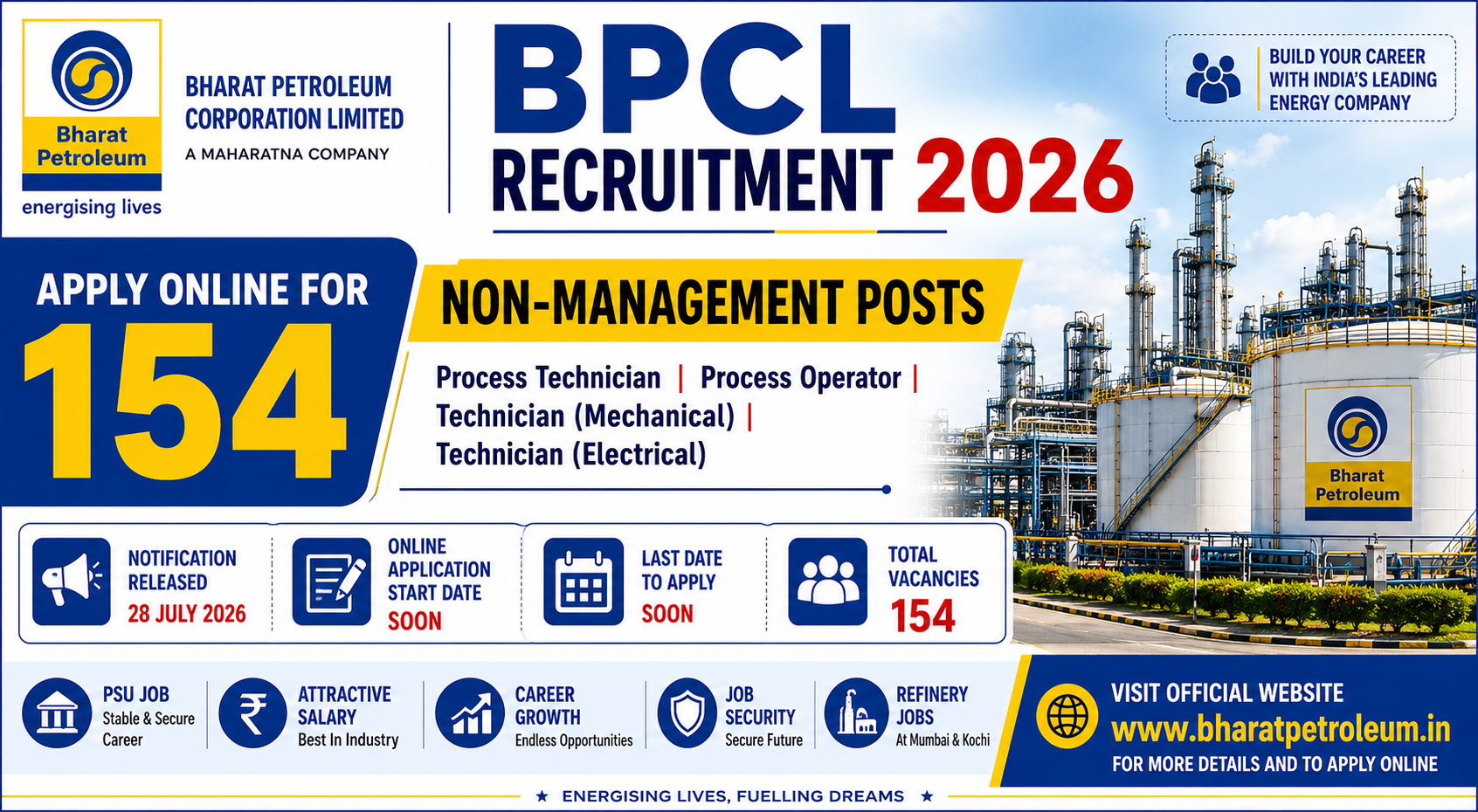 BPCL Non-Management Recruitment 2026 Notification Out for 154 Posts