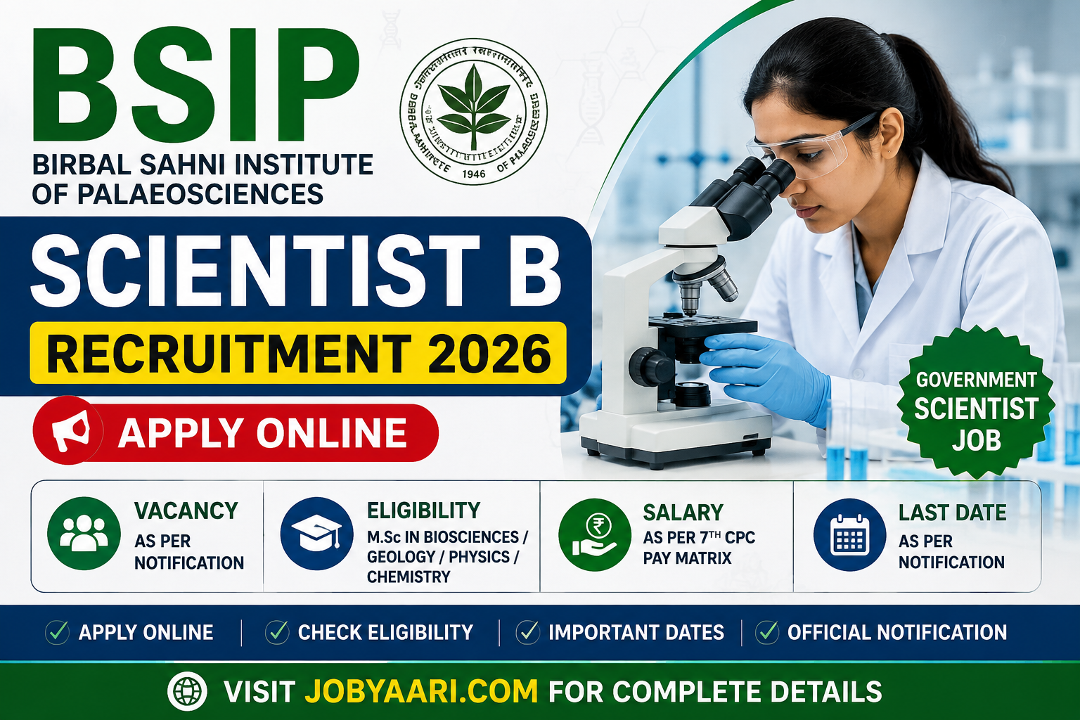 BSIP Scientist B Recruitment 2026 notification for biosciences geology physics chemistry candidates apply online