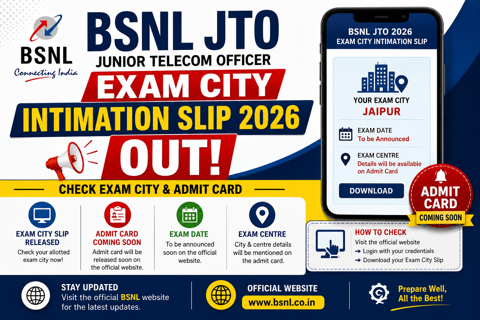 BSNL JTO Exam City Intimation Slip 2026 OUT for Junior Telecom Officer