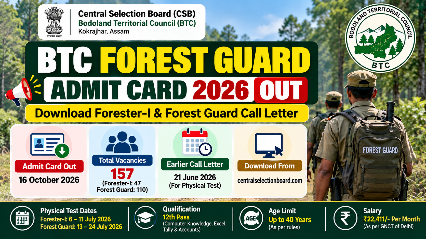 BTC Forest Guard Admit Card 2026 released for Forester-I and Forest Guard posts