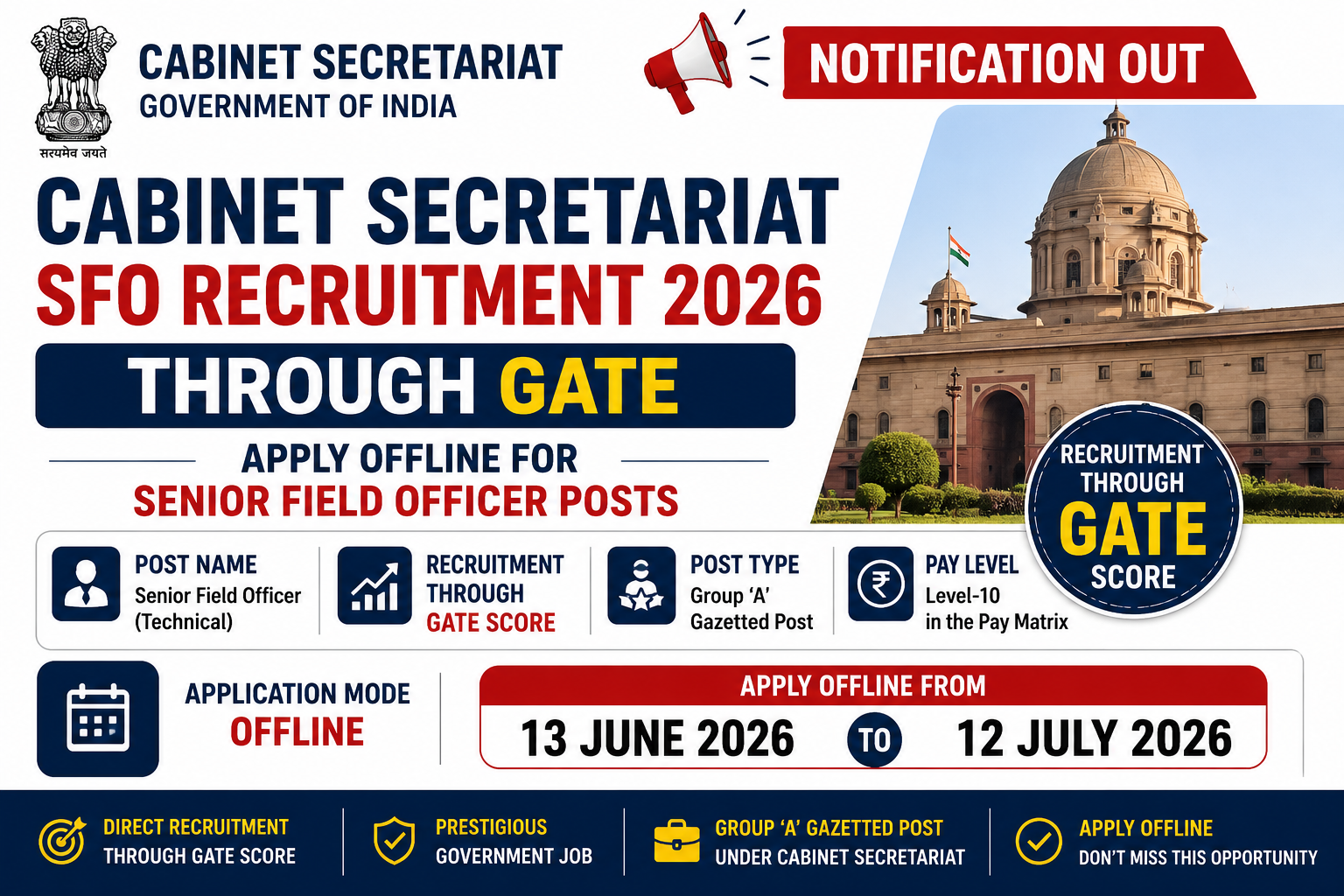 Cabinet Secretariat SFO Recruitment 2026 Through GATE Notification Out, Apply Offline for Senior Fie