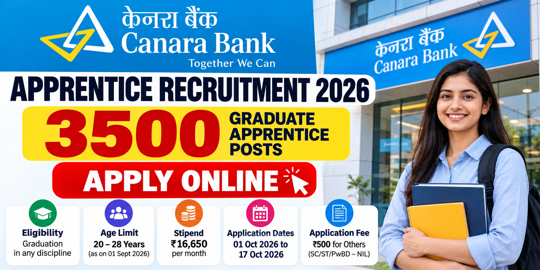 Canara Bank Apprentice Recruitment 2026 notification for 3,500 Graduate Apprentice vacancies, eligibility, stipend and apply online dates