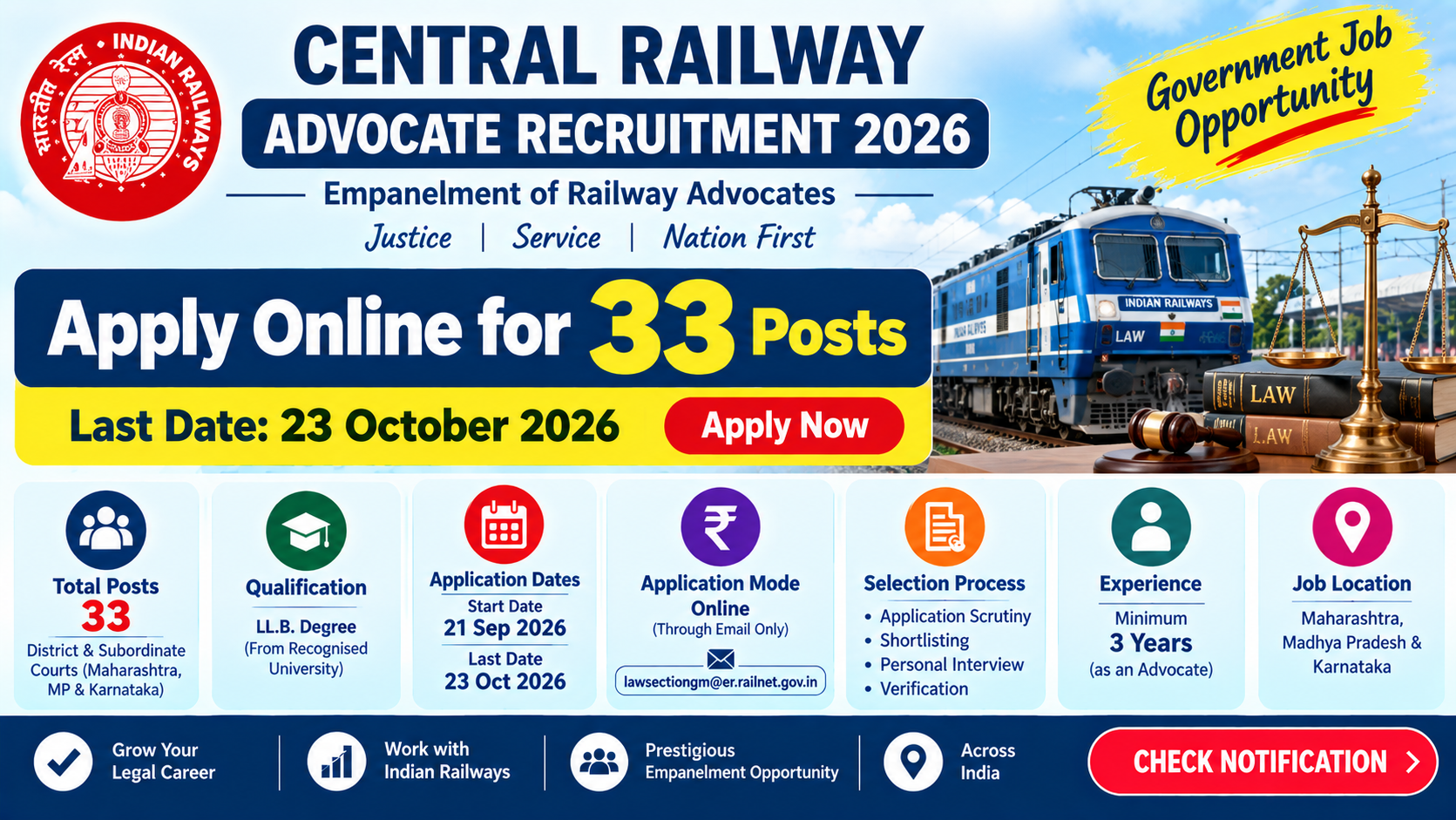 Central Railway Advocate Recruitment 2026: Apply Online for 33 Posts