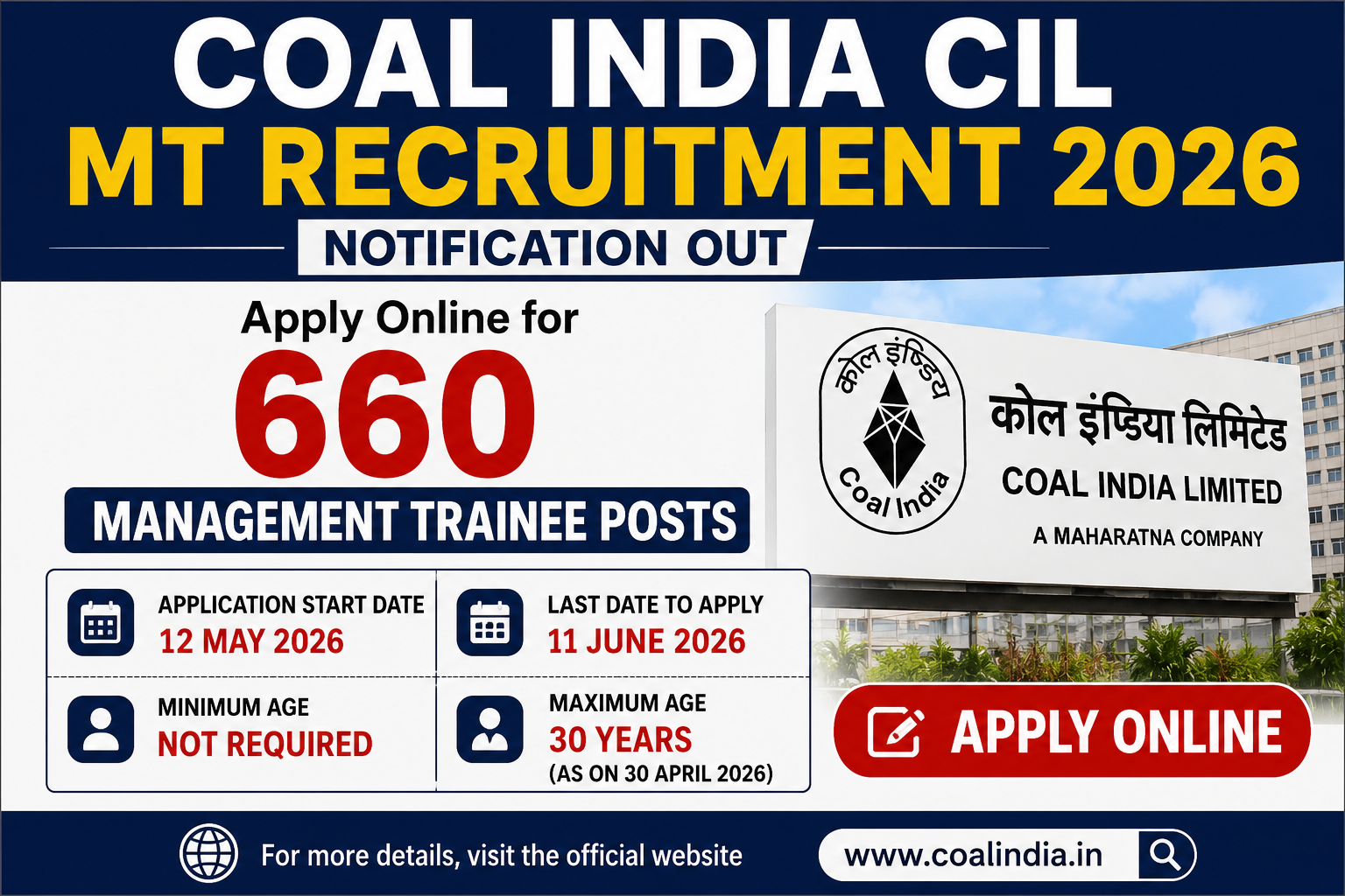 Coal India CIL MT Recruitment 2026 Notification Out – Apply Online for 660 Management Trainee Posts