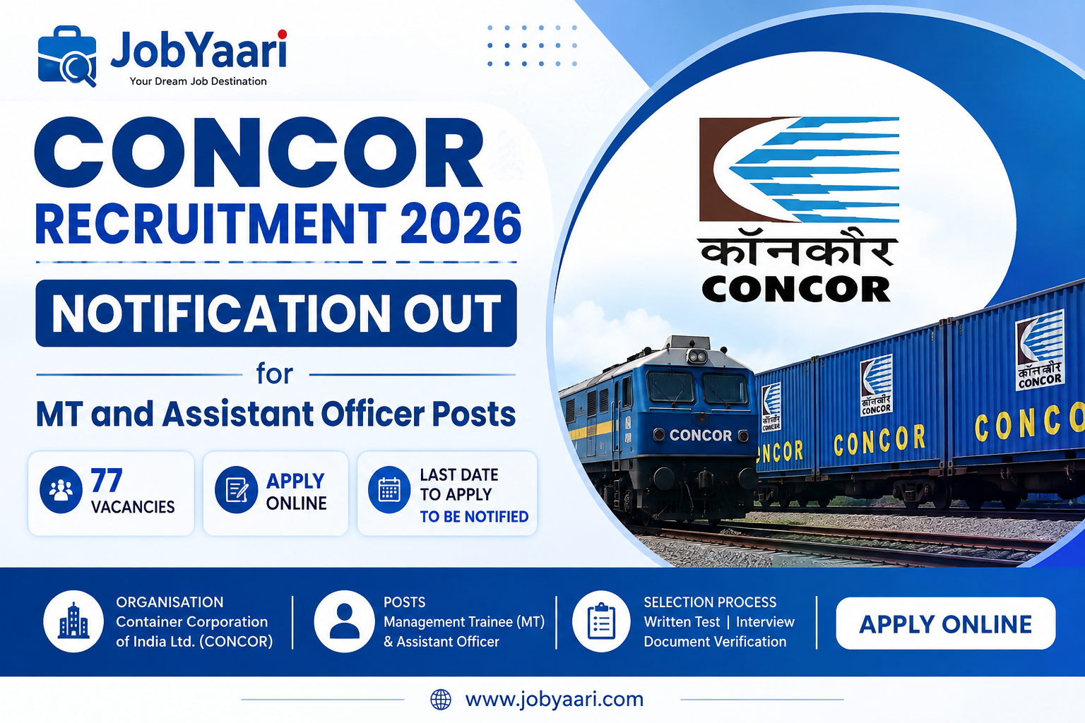 CONCOR Recruitment 2026 Notification OUT for MT and Assistant Officer Posts – Apply Online for 77 Va