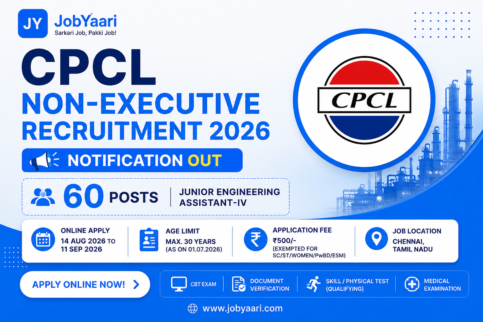 CPCL Non-Executive Recruitment 2026 Notification OUT for 60 Posts – Check Online Form Date, Eligibil