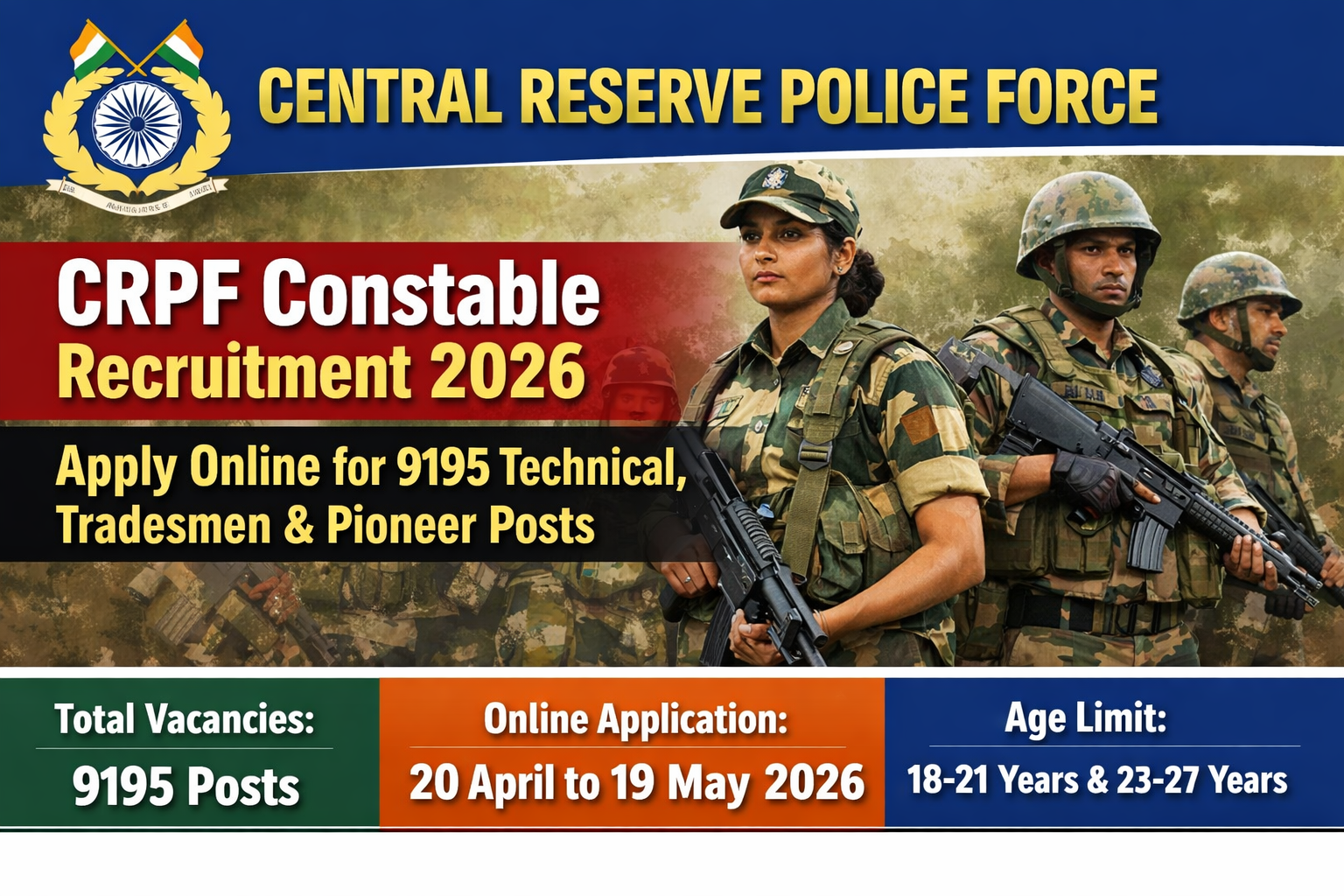 CRPF Constable Recruitment 2026 Apply Online for 9195 Technical, Tradesmen & Pioneer Posts