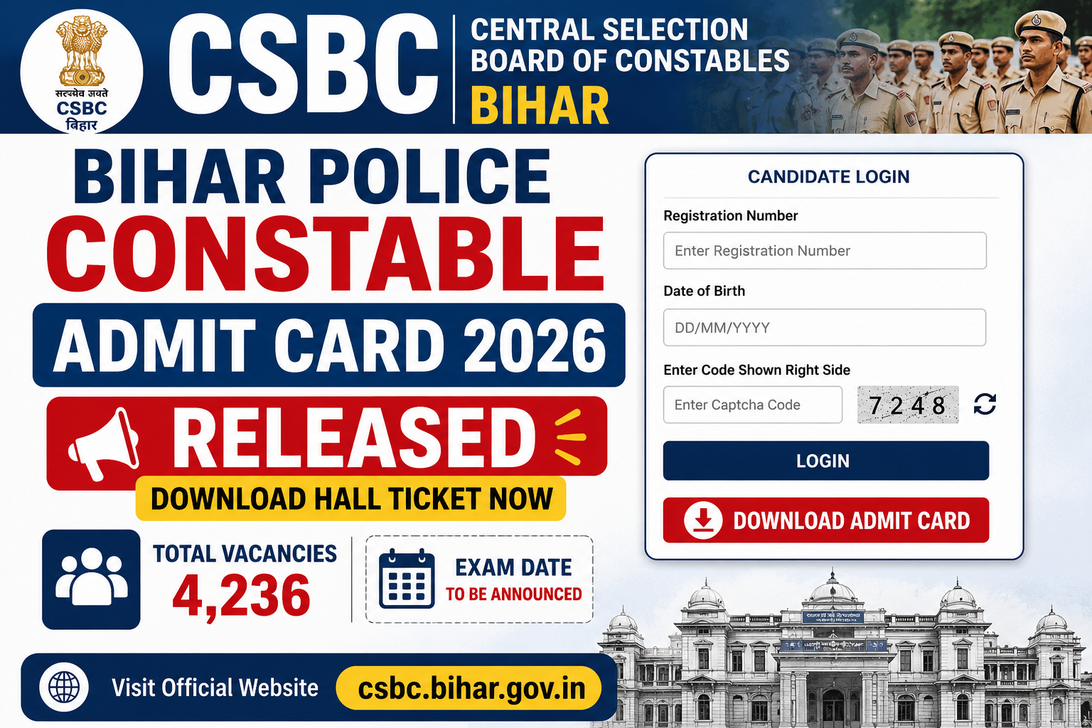 CSBC Bihar Police Constable Admit Card 2026 Released, Download Hall Ticket for 4,236 Posts