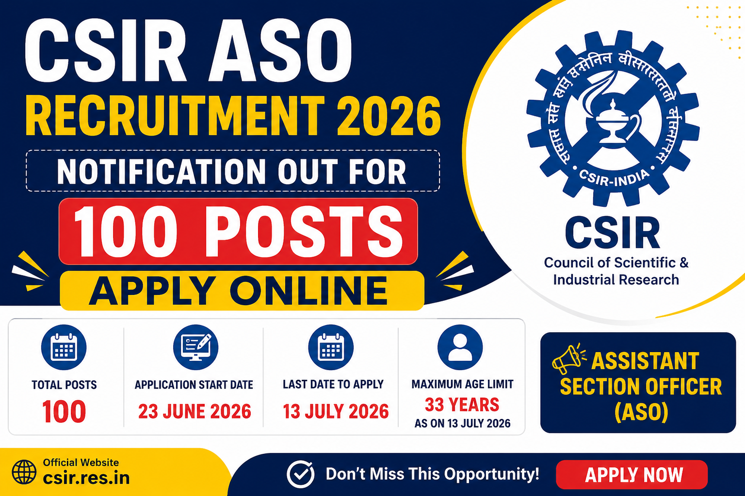 CSIR ASO Recruitment 2026 Notification Out for 100 Posts, Apply Online