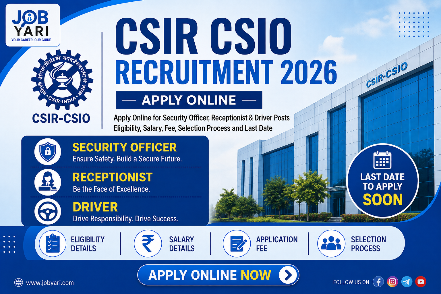 CSIR CSIO Recruitment 2026: Apply Online for Security Officer, Receptionist & Driver Posts, Eligibil
