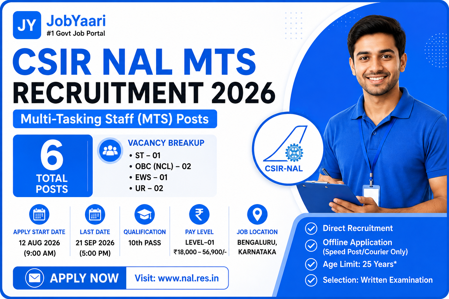 CSIR NAL MTS Recruitment 2026: Apply for 6 Multi Tasking Staff Posts, Check Eligibility, 10th Pass Q