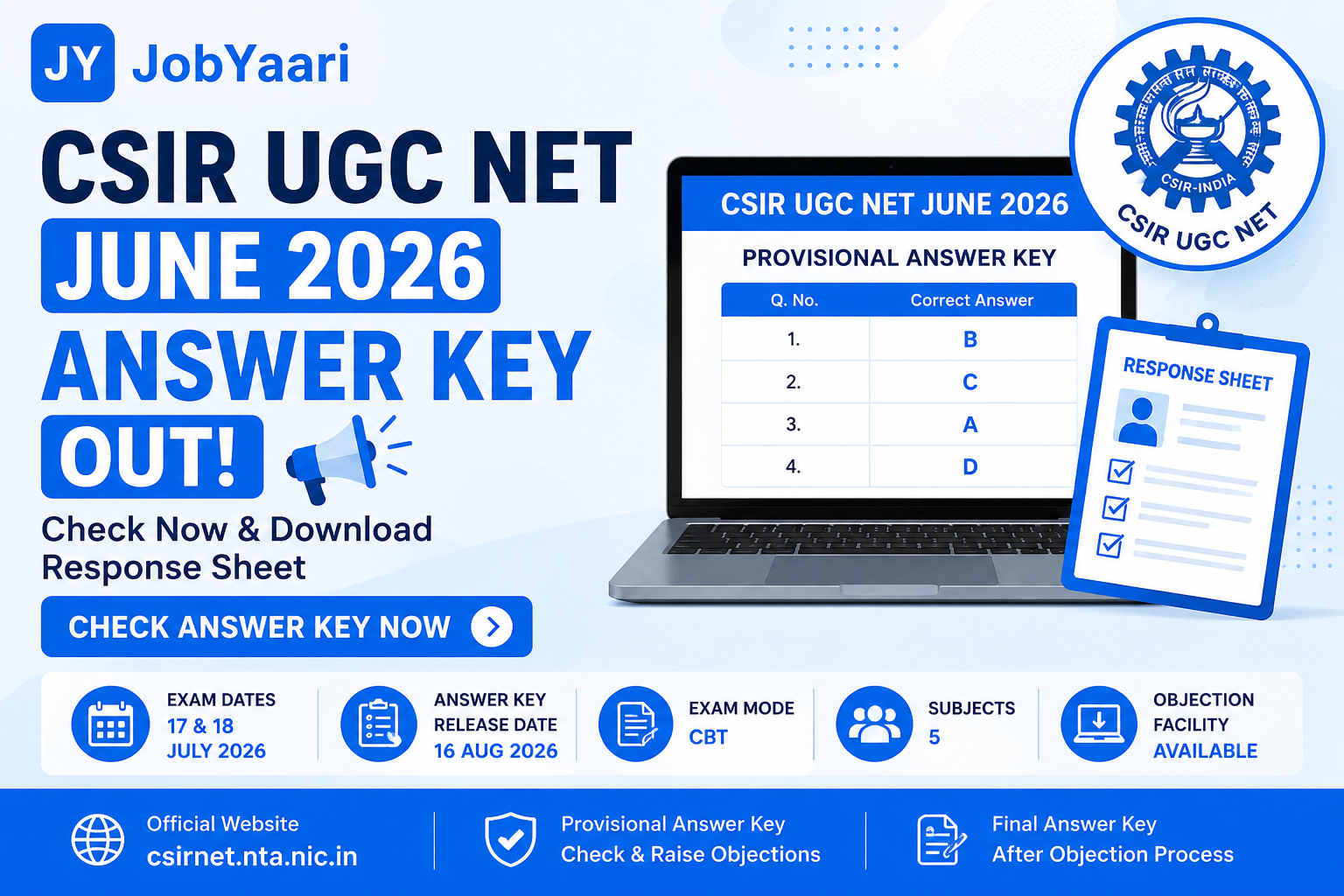CSIR UGC NET June 2026 Answer Key OUT – Download Provisional Answer Key, Response Sheet and Challenge Answer Key