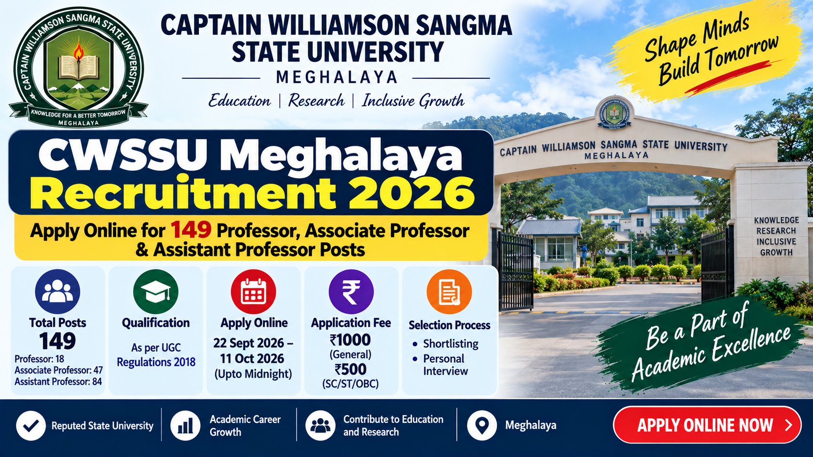 CWSSU Meghalaya Recruitment 2026: Apply Online for 149 Professor, Associate Professor & Assistant Pr