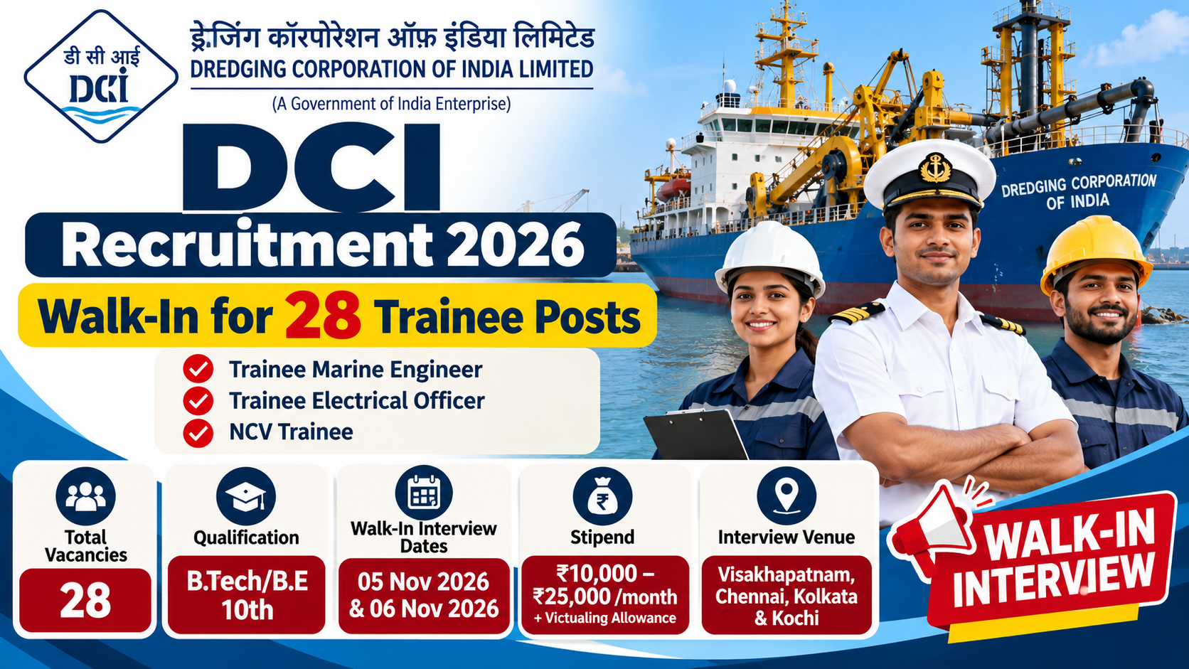 DCI Recruitment 2026: Walk-In for 28 Trainee Posts, Check Eligibility & Dates