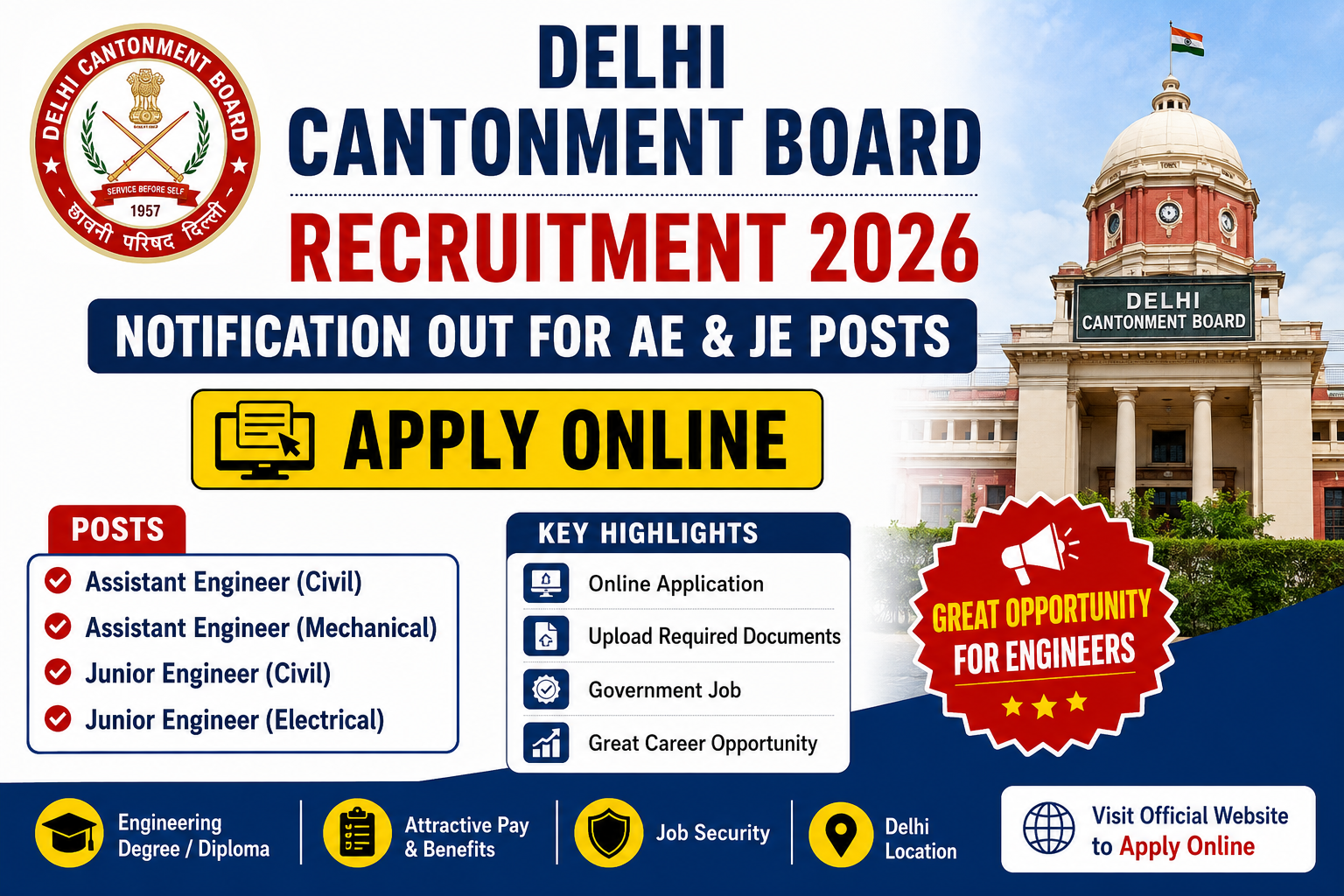 Delhi Cantonment Board Recruitment 2026 Notification Out for AE & JE Posts, Apply Online