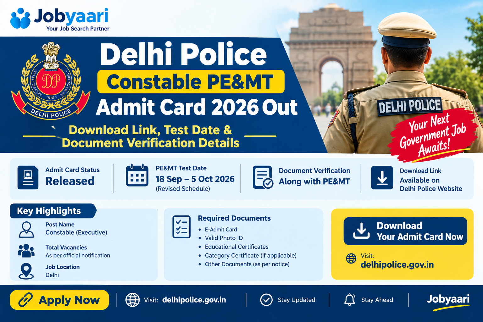 Delhi Police Constable PE&MT Admit Card 2026 Out – Download Link, Physical Test Date and Document Verification