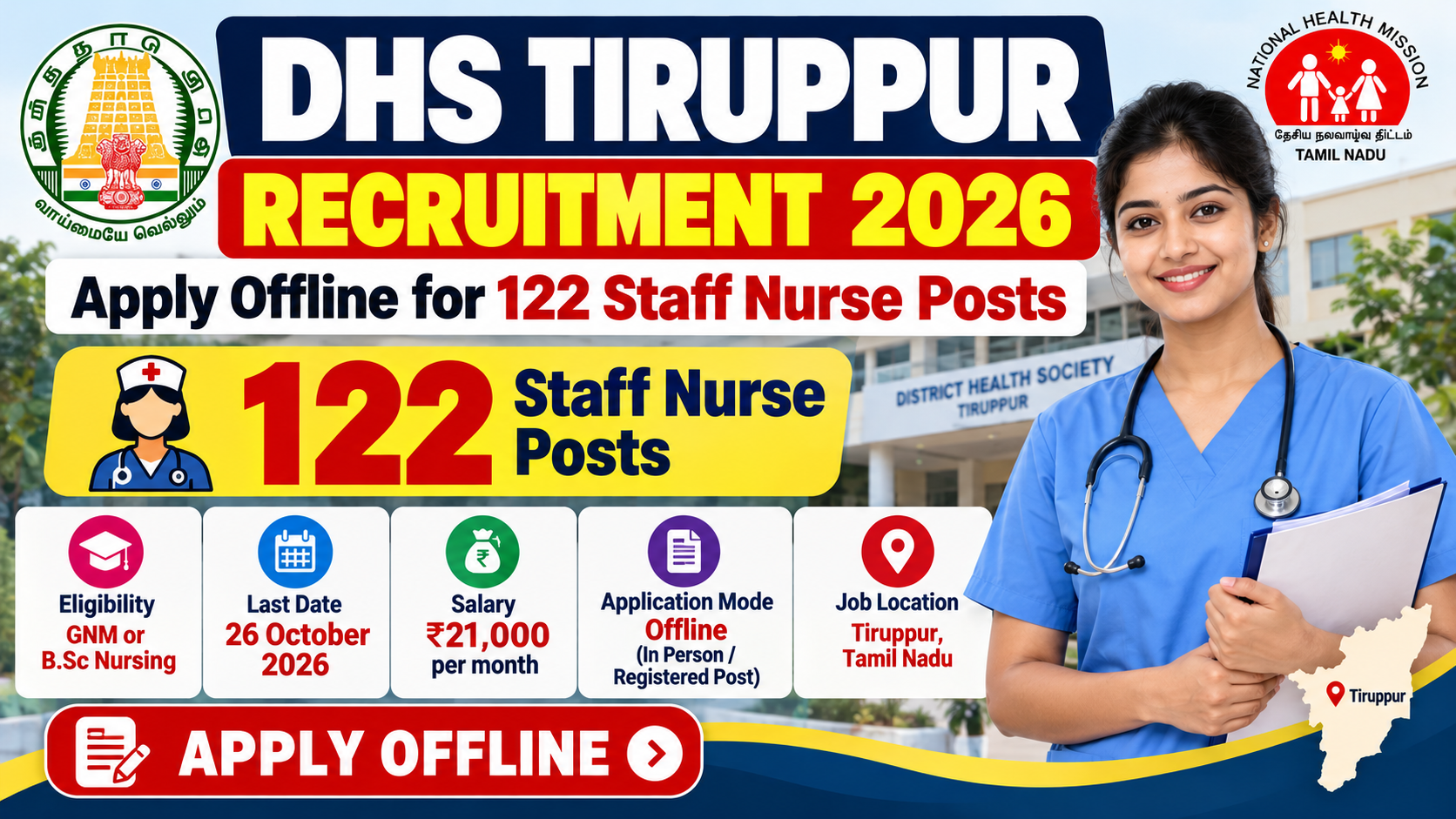 DHS Tiruppur Recruitment 2026 for 122 Staff Nurse Posts – Apply Offline, Rs 21,000 Salary