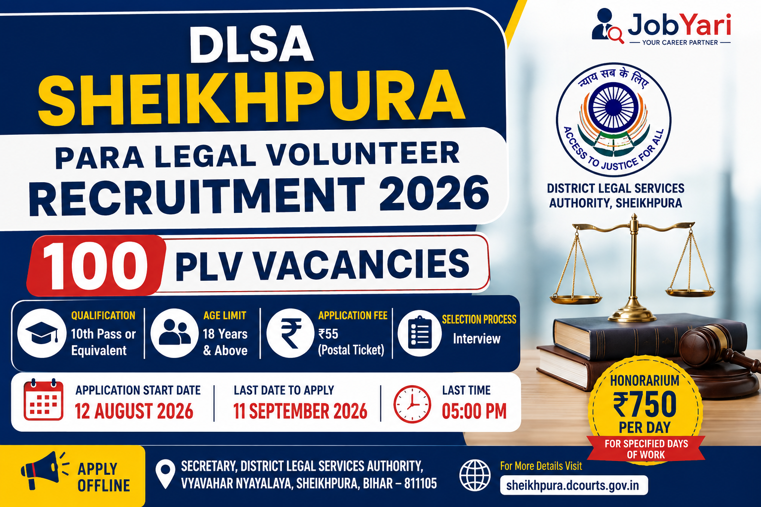 DLSA Sheikhpura PLV Recruitment 2026: 100 Vacancies, Apply Offline