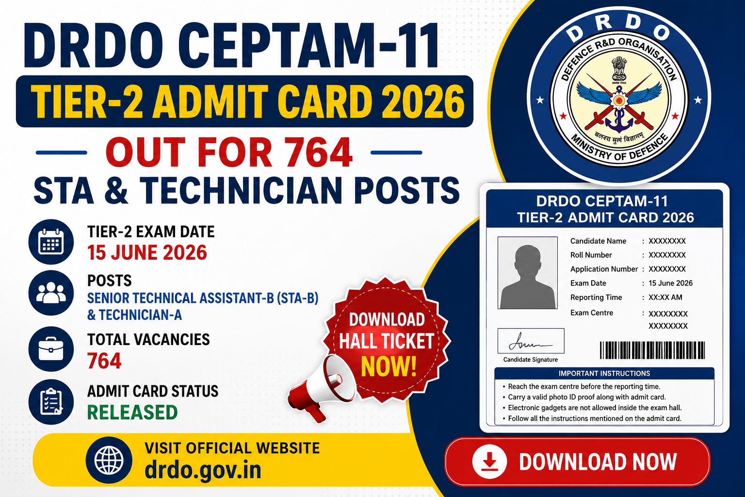 DRDO CEPTAM-11 Tier-2 Admit Card 2026 Out for 764 STA & Technician Posts, Download Hall Ticket