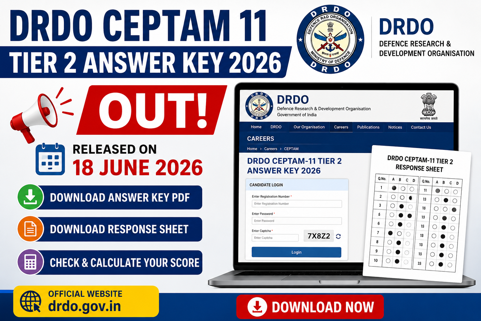 DRDO CEPTAM 11 Tier 2 Answer Key 2026 Out, Download Response Sheet PDF @ drdo.gov.in