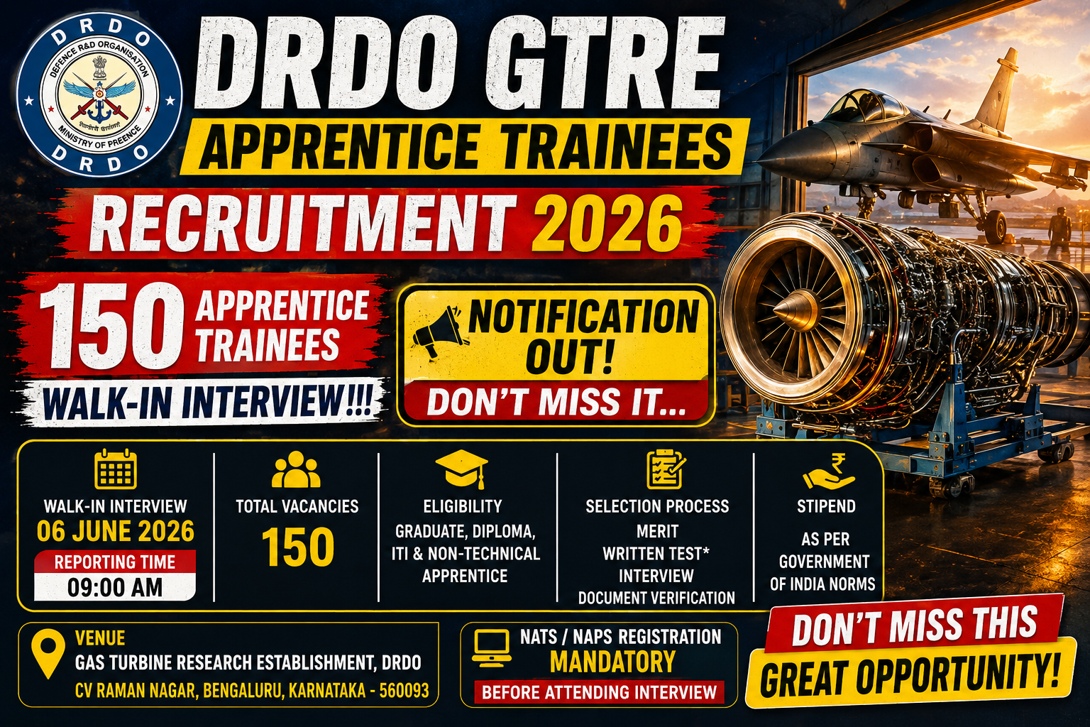 DRDO GTRE Apprentice Trainees Recruitment 2026 Notification Out - Walk-in for 150 Posts