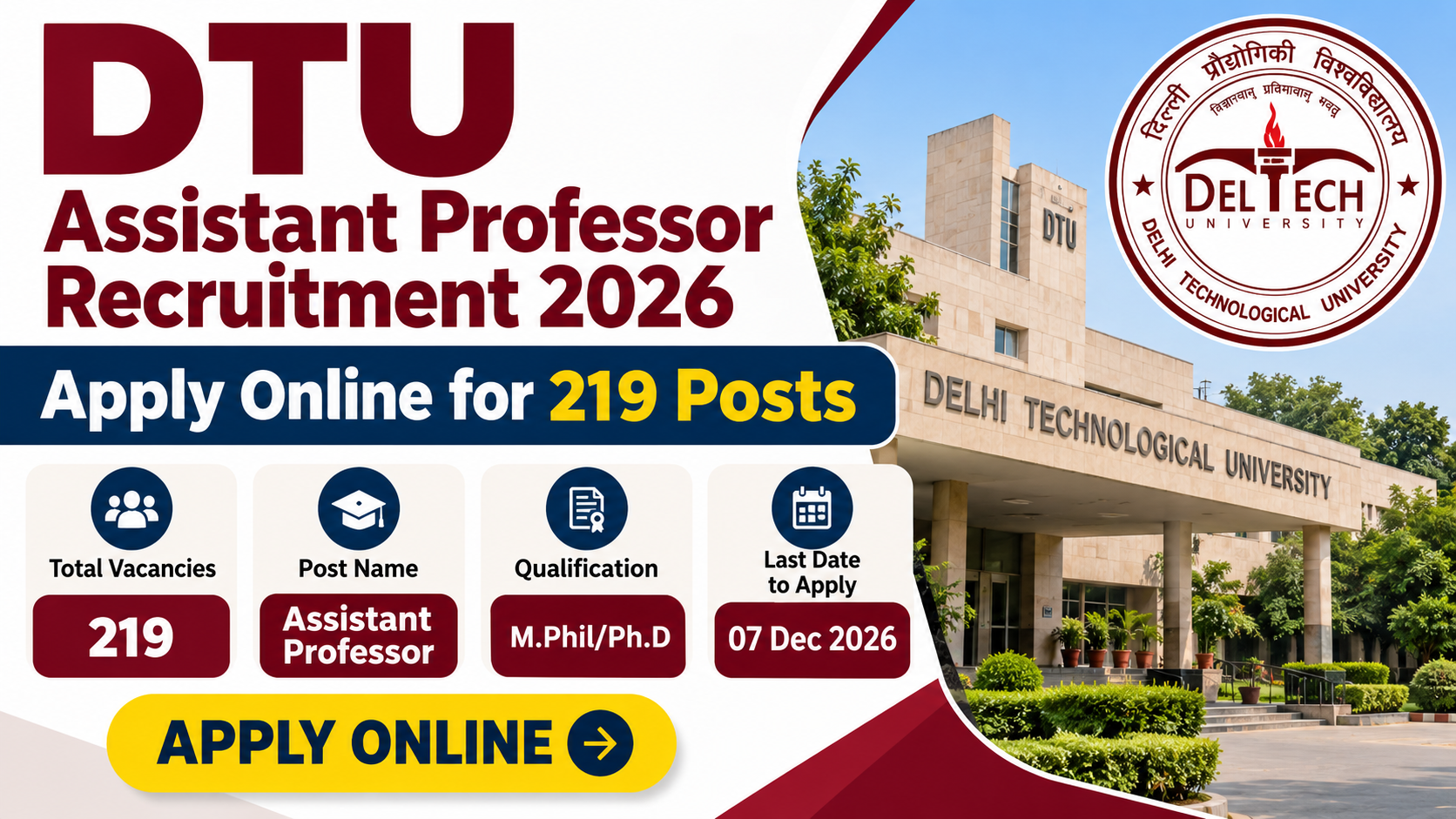 DTU Assistant Professor Recruitment 2026: Apply Online for 219 Posts
