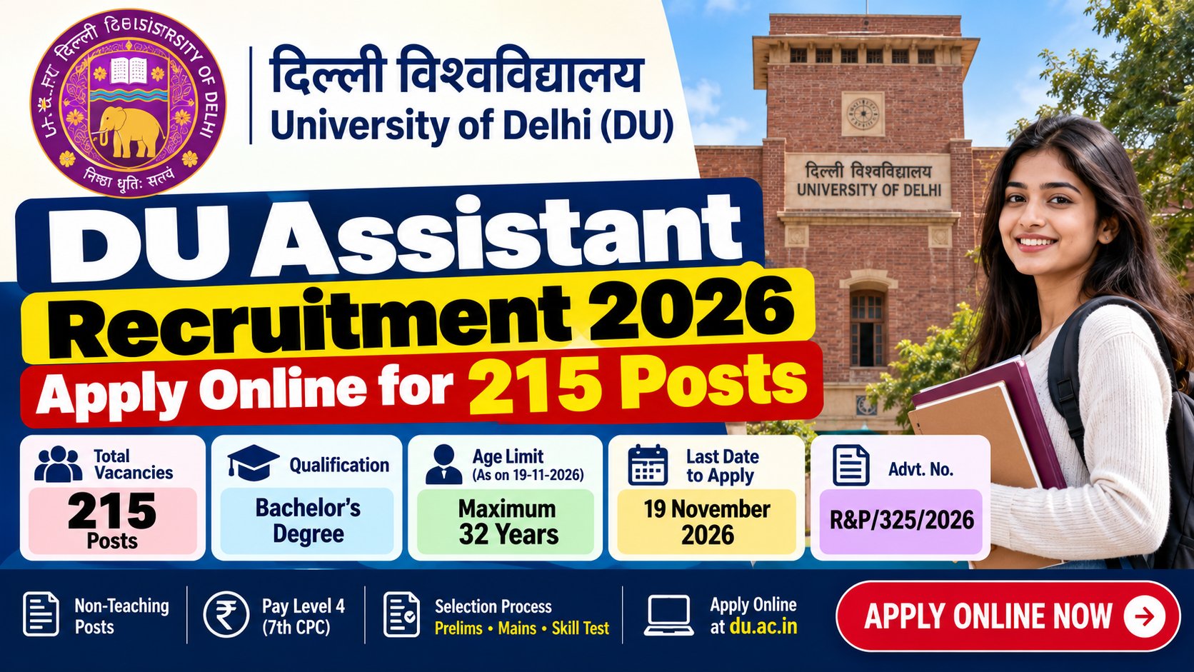 DU Assistant Recruitment 2026: Apply Online for 215 Posts