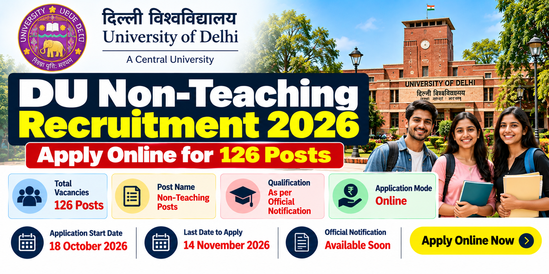 DU Non-Teaching Recruitment 2026: Apply Online for 126 Posts, Eligibility & Dates