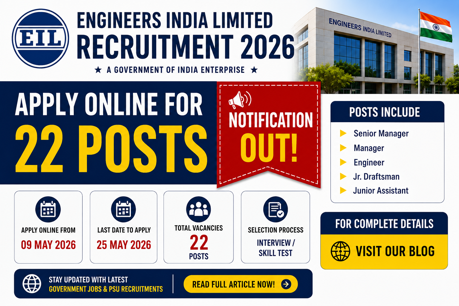 Engineers India Recruitment 2026 Notification Out - Apply Online for 22 Posts