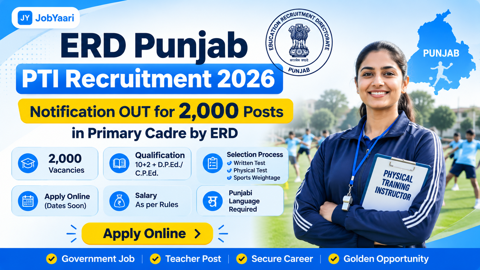 ERD Punjab PTI Recruitment 2026: Notification OUT for 2,000 Posts, Apply Online