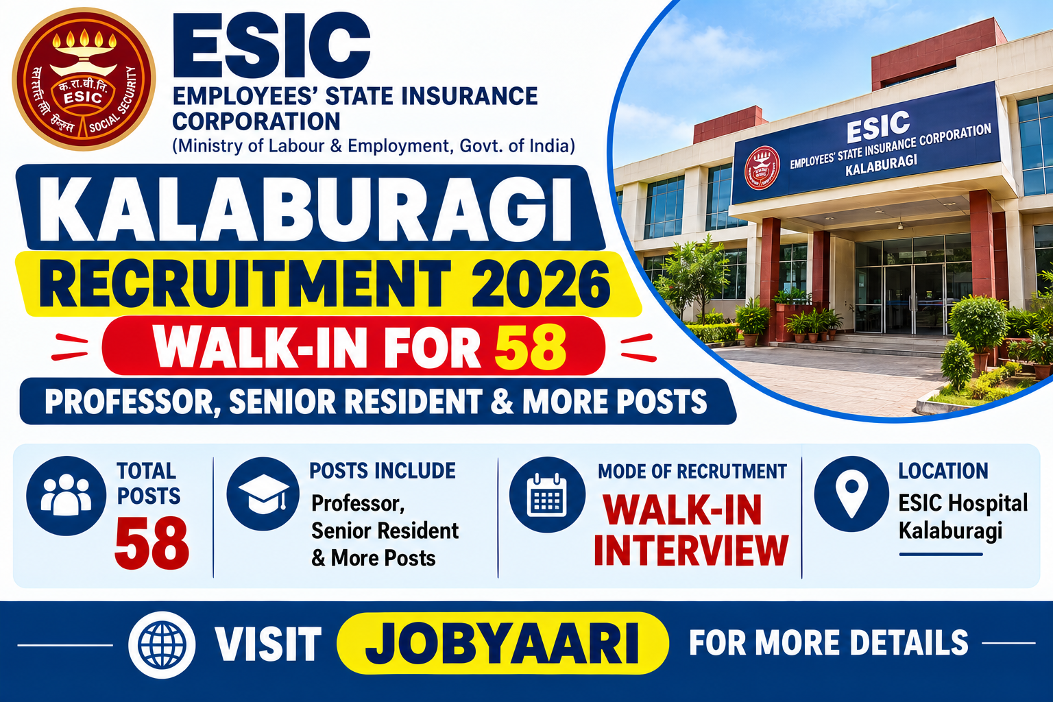"ESIC Kalaburagi Recruitment 2026 official notification for walk-in interview of Professor, Associate Professor and Senior Resident posts"