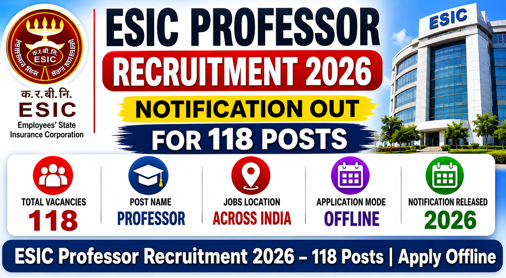 ESIC Professor Recruitment 2026 Notification Out for 118 Posts – Apply Offline, Eligibility & Last D