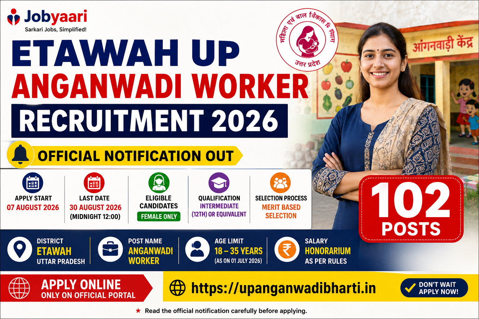 Etawah UP Anganwadi Worker Recruitment 2026: Apply Online for 102 Posts, Eligibility, Dates, Age Lim