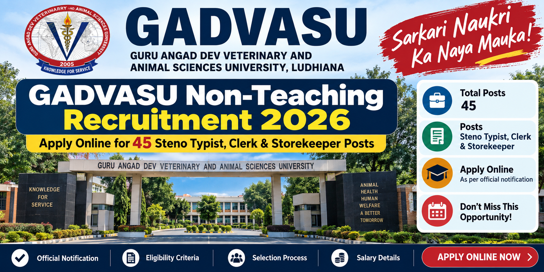 GADVASU Non-Teaching Recruitment 2026: Apply Online for 45 Steno Typist, Clerk & Storekeeper Posts