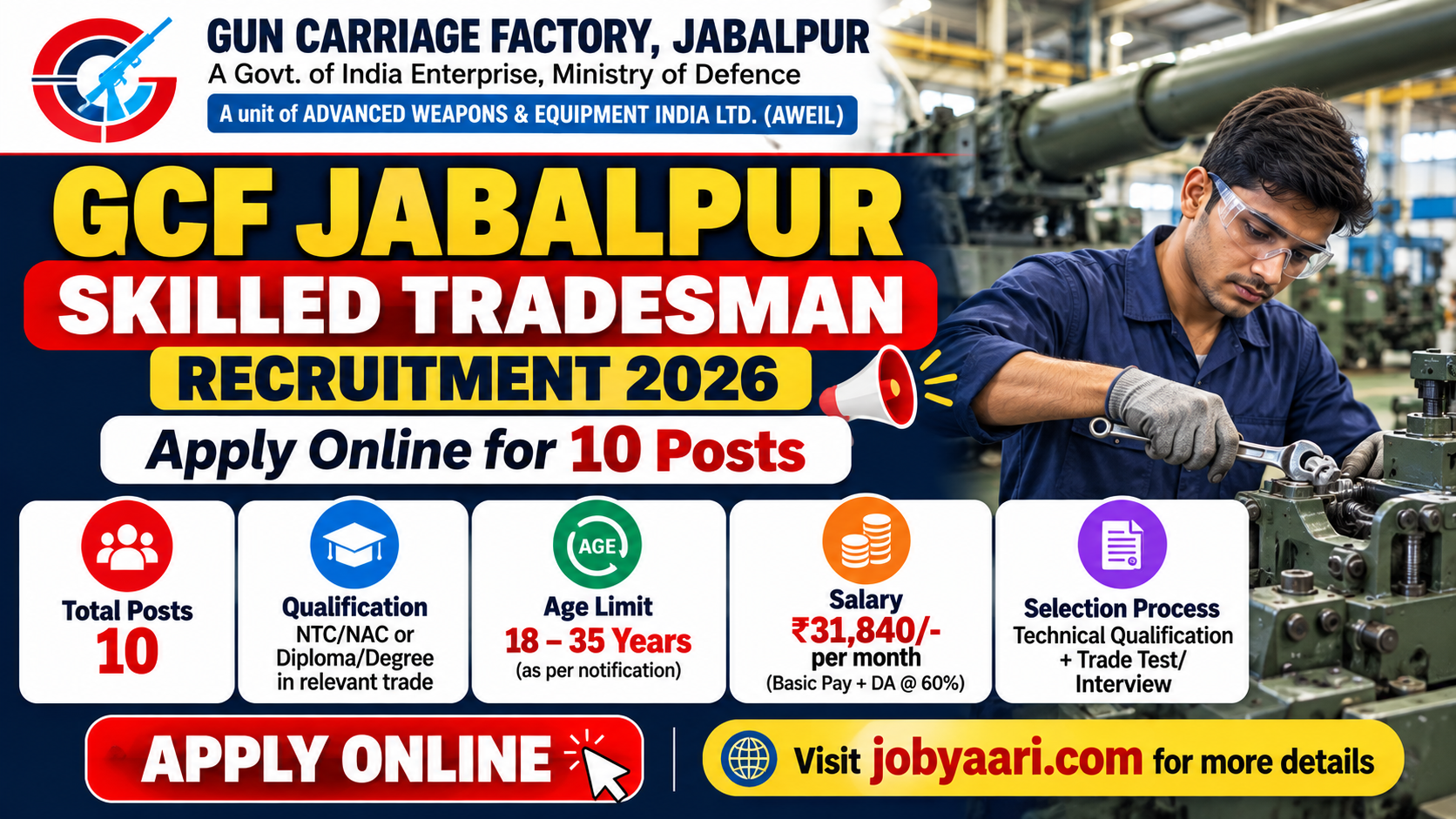 GCF Jabalpur Skilled Tradesman Recruitment 2026: Apply Online for 10 Posts, Eligibility, Salary & Se