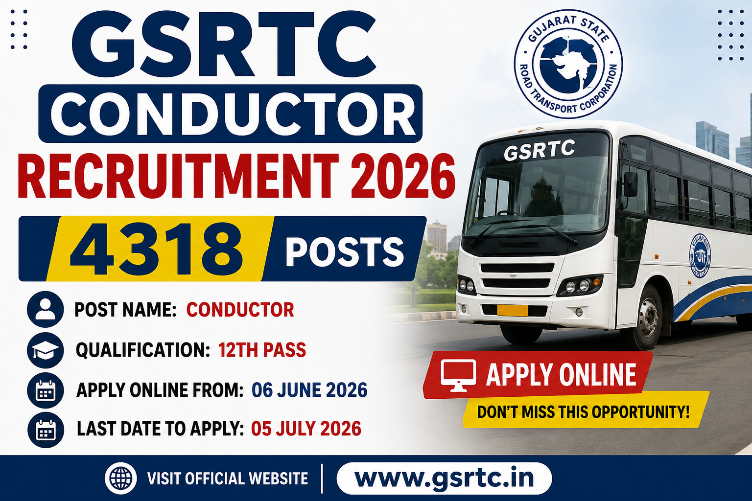 GSRTC Conductor Recruitment 2026 Notification Out for 4318 Posts, 12th Pass Apply Online