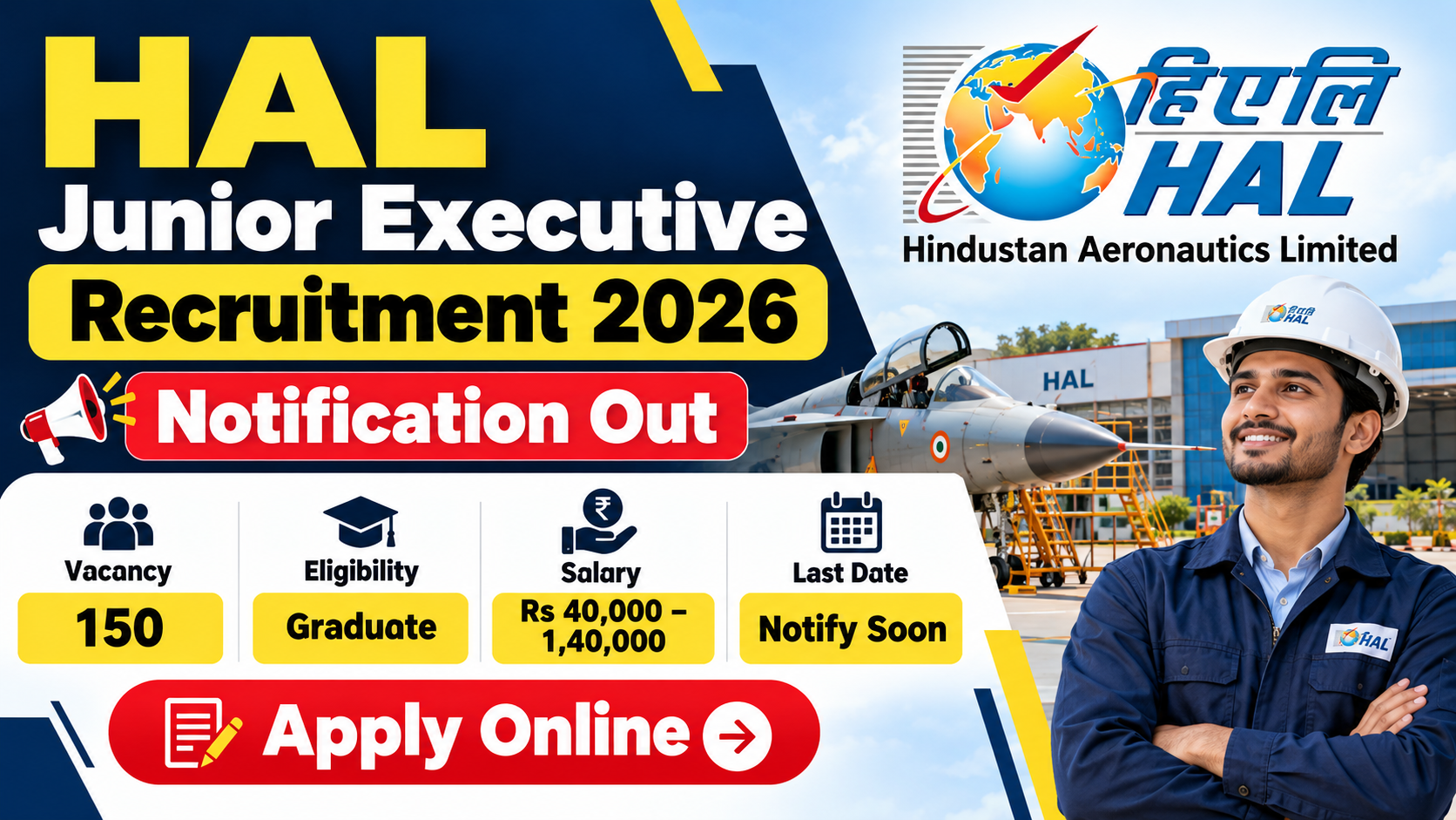 HAL Junior Executive Recruitment 2026 Notification Out: Apply Online for 150 Posts