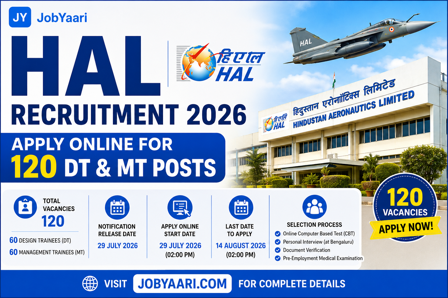 HAL Recruitment 2026 Apply Online for 120 DT & MT Posts