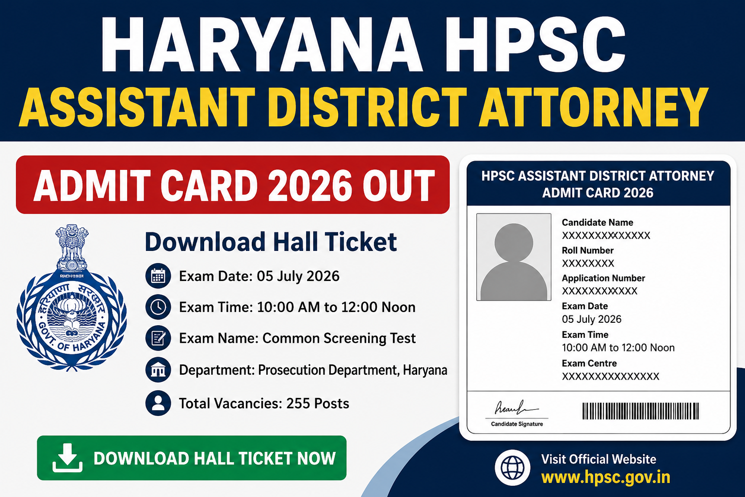 Haryana HPSC Assistant District Attorney Admit Card 2026 Out, Download Hall Ticket
